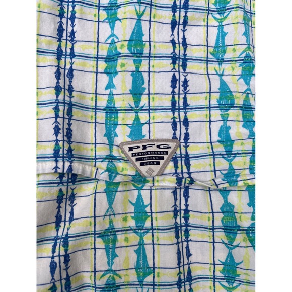 Columbia PFG Fishing Shirt XXL Mens Blue Fish‎ Plaid Button Up Short Sleeve - Picture 9 of 10